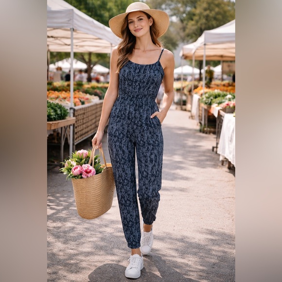 Reitmans Pants - Sz M Reitmans Navy Stripped Spaghetti-Strap Jumpsuit